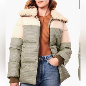 Bernardo Mixed Media Faux Fur Trim Olive and Cream Puffer Jacket